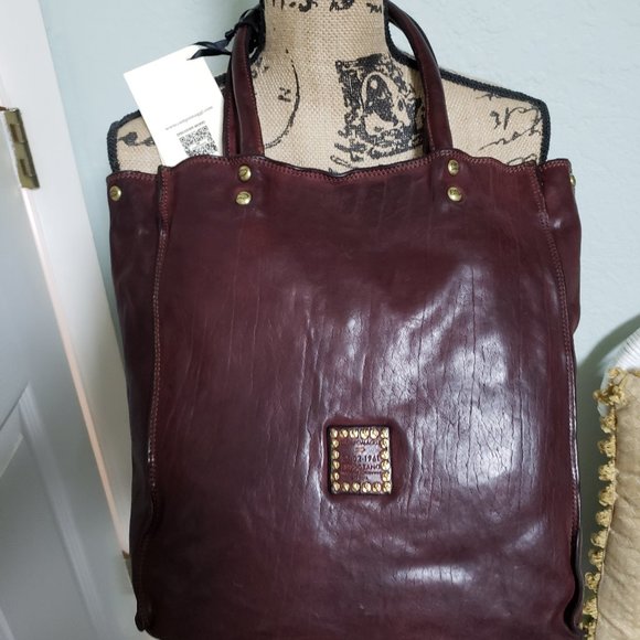 Campomaggi NWT Large Studded Shopper Prolifio Rivetti Burgundy SALE - Picture 2 of 8